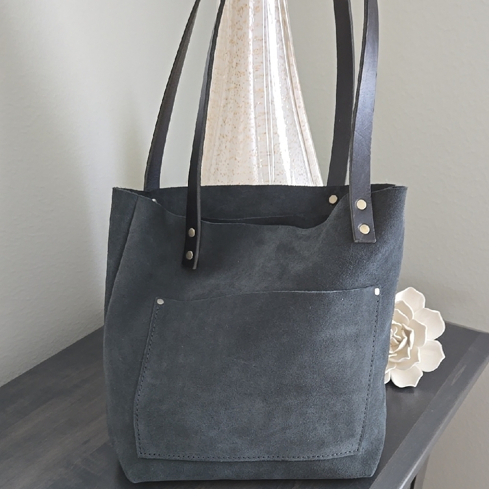 Portland Leather Peppercorn SUEDE tote with Black Straps Very Good/Like New
